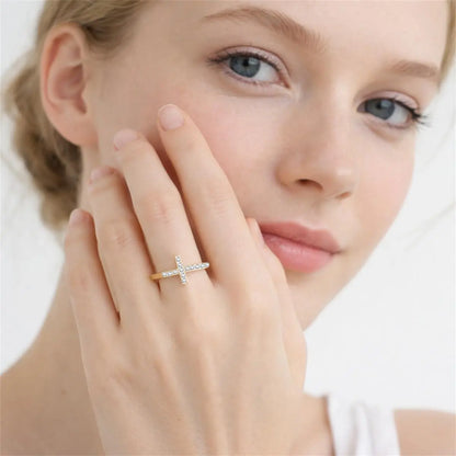 Delzzad 0.1Ct 14K Gold Plated Cross Ring Eternal Intersection Ring Band for Her Infinity Wedding Band Ring D Color VVS Synthetic Moissanite Ring Jewelry Wedding Band Engagement Ring Perfect Birthday Anniversary & Valentine'S Day Mother'S Day Gifts