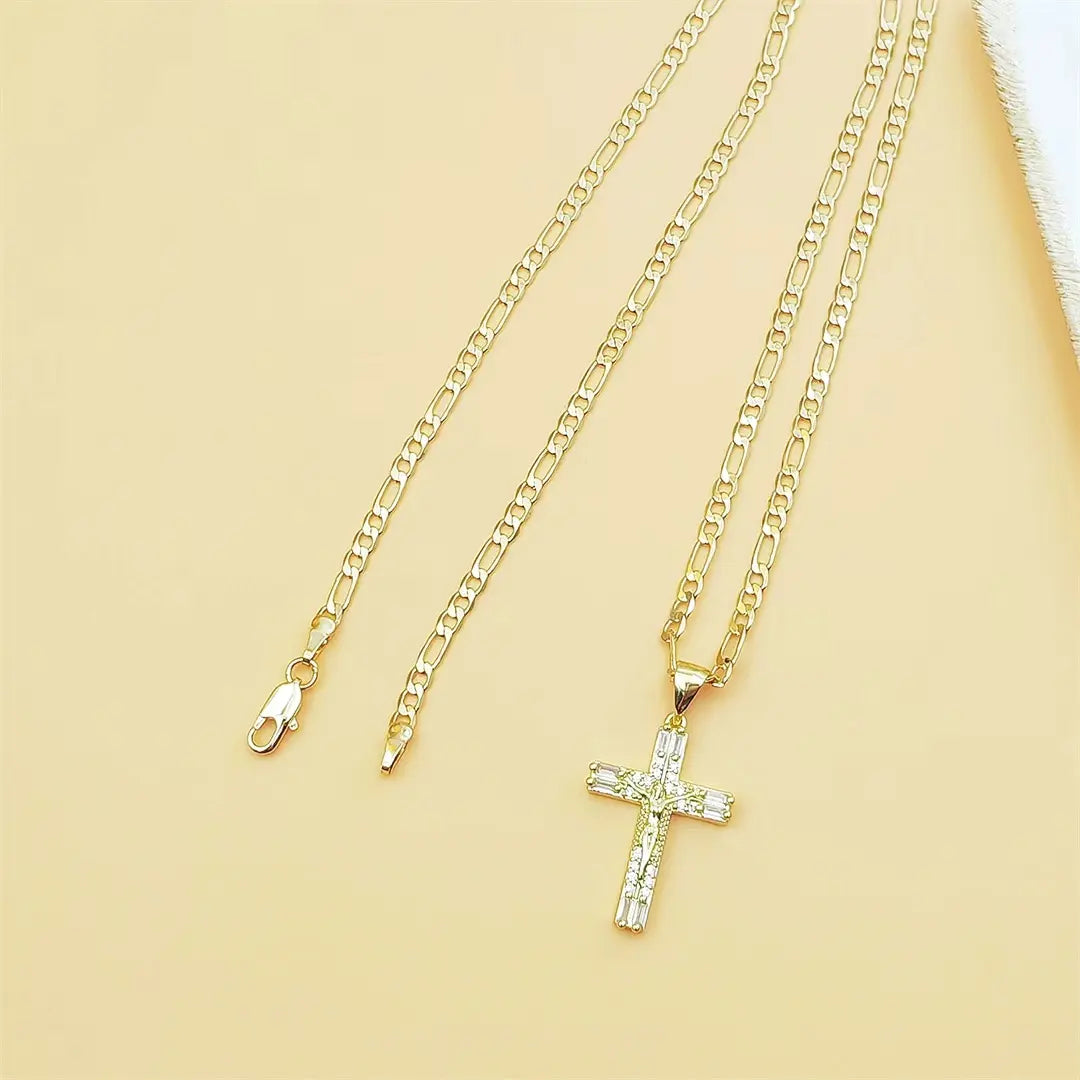 14K Gold Plated Jesus Crucifix Pendant Necklace, 23.62 Inch Copper Figaro Chain (60Cm), Cubic Zirconia Inlaid Cross Necklace for Men Women Catholic Religious Jewelry