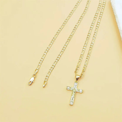 14K Gold Plated Jesus Crucifix Pendant Necklace, 23.62 Inch Copper Figaro Chain (60Cm), Cubic Zirconia Inlaid Cross Necklace for Men Women Catholic Religious Jewelry