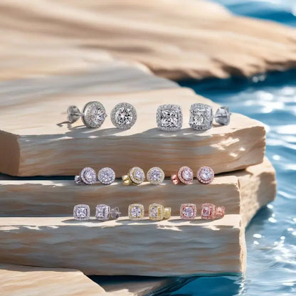 Sparkle Cubic Zirconia Stud Earrings, 4 Pairs Set, Brilliant Cut,Ddms0021 925 Silver Plated, Hypoallergenic for Women