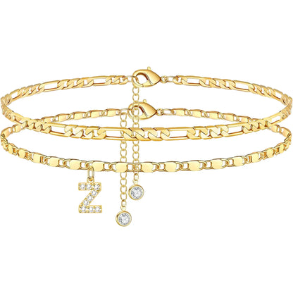 Layered Letter Anklet Bracelet Set for Women, Dainty A–Z Pendant Chains, Adjustable, Hypoallergenic & Waterproof, Perfect Mother’S Day Jewelry Gift