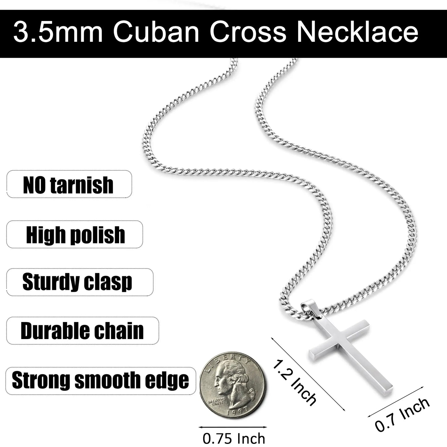 【Men Gifts】Cross Necklace for Men, Silver Tone/Gold Plated Mens Cross Necklaces with 3.5Mm Cuban Chain 16-26 Inch