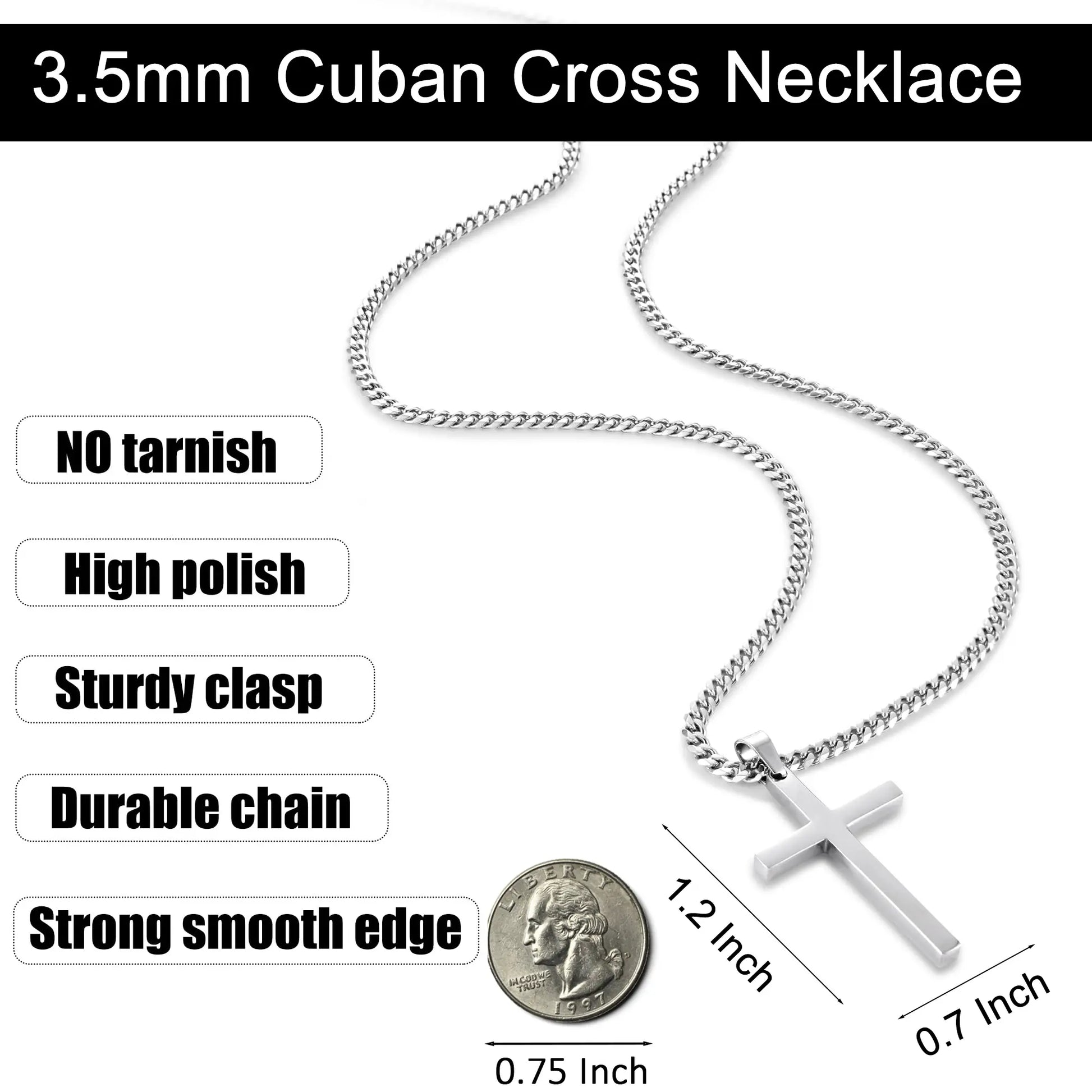 【Men Gifts】Cross Necklace for Men, Silver Tone/Gold Plated Mens Cross Necklaces with 3.5Mm Cuban Chain 16-26 Inch