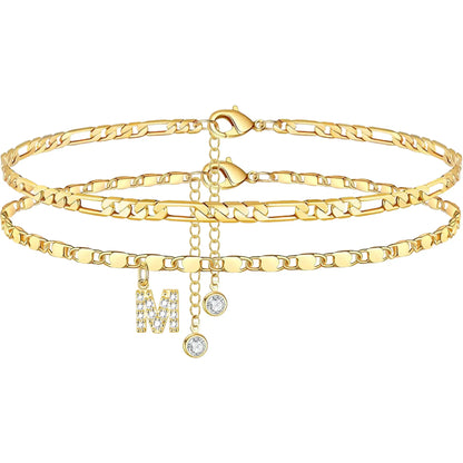 Layered Letter Anklet Bracelet Set for Women, Dainty A–Z Pendant Chains, Adjustable, Hypoallergenic & Waterproof, Perfect Mother’S Day Jewelry Gift