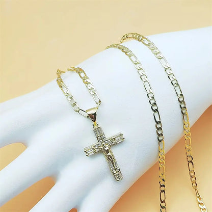 14K Gold Plated Jesus Crucifix Pendant Necklace, 23.62 Inch Copper Figaro Chain (60Cm), Cubic Zirconia Inlaid Cross Necklace for Men Women Catholic Religious Jewelry