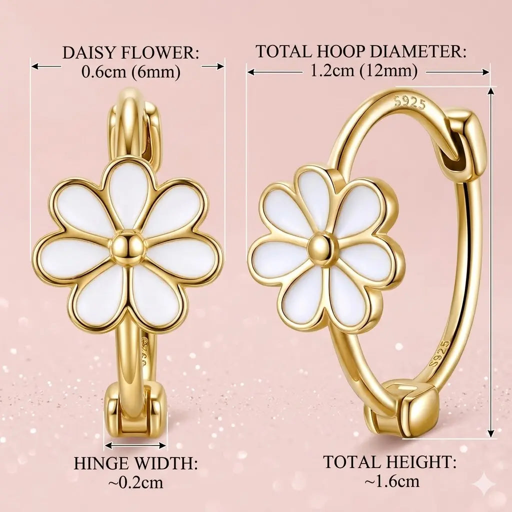 Exquisite Small Daisy Flower Hoop Earrings for Women - Genuine S925 Sterling Silver, 18K Gold Plated, Hypoallergenic White Enamel, Small Hinge Style (0.6Cm Flower, 1.2Cm Dia)