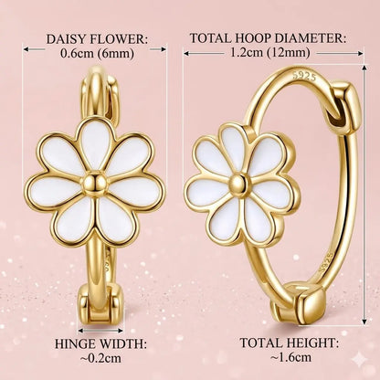 Exquisite Small Daisy Flower Hoop Earrings for Women - Genuine S925 Sterling Silver, 18K Gold Plated, Hypoallergenic White Enamel, Small Hinge Style (0.6Cm Flower, 1.2Cm Dia)