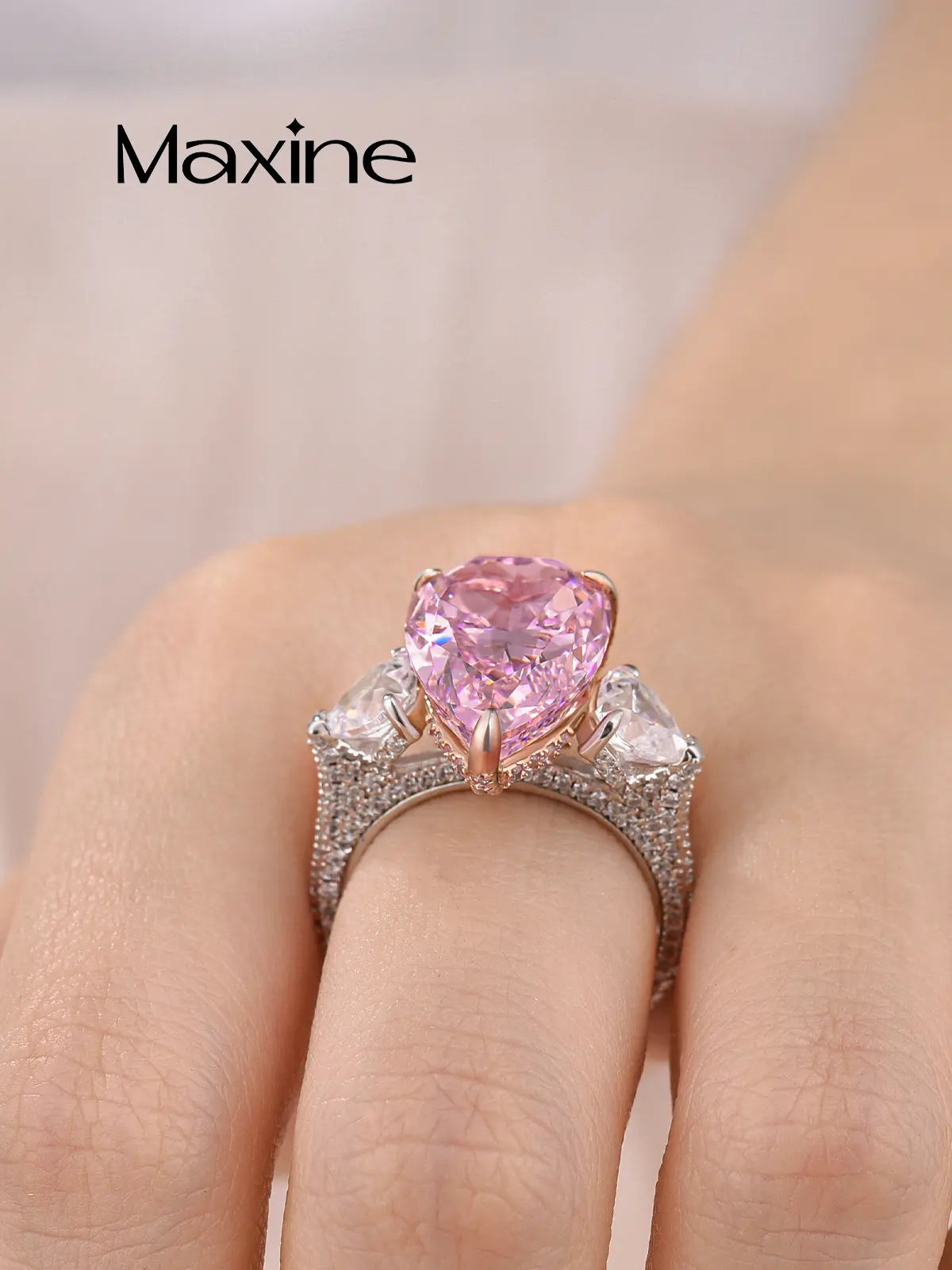 Maxine 14K White Gold Plated 8.0Ct Pear Cut Pink/Clear Engagement Ring, Three Stone Bridal Ring, Travel-Friendly Jewelry, Women'S Ring Jewelry,Wedding Ring for Daily,Proposal,Birthday,Anniversary