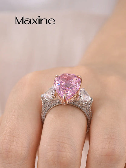 Maxine 14K White Gold Plated 8.0Ct Pear Cut Pink/Clear Engagement Ring, Three Stone Bridal Ring, Travel-Friendly Jewelry, Women'S Ring Jewelry,Wedding Ring for Daily,Proposal,Birthday,Anniversary