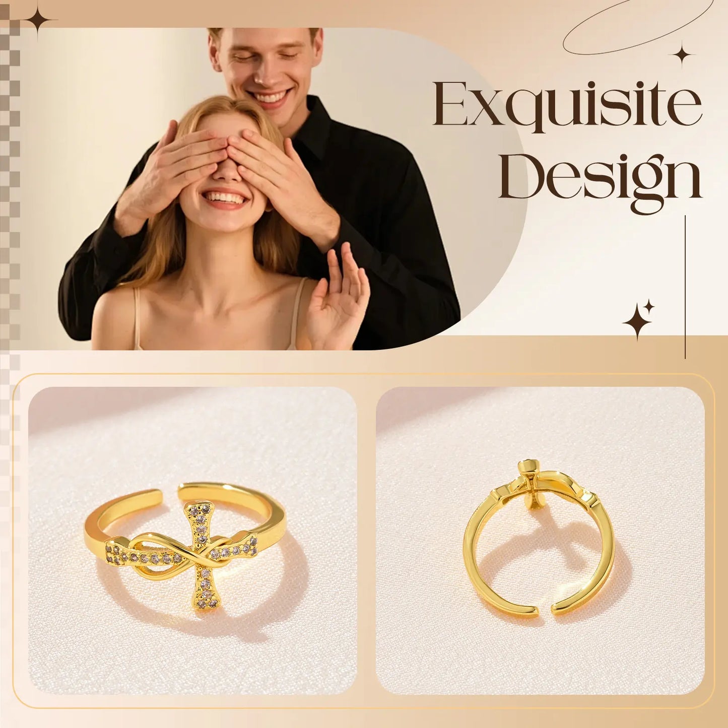 Gold-Plated Jesus Christ Cross Pendant Necklace, Cross Open-Ended Ring, Necklace & Ring Gift Set, Fashion Jewelry Accessories for Women & Men, Romantic Daily Wear Jewelry for Couples
