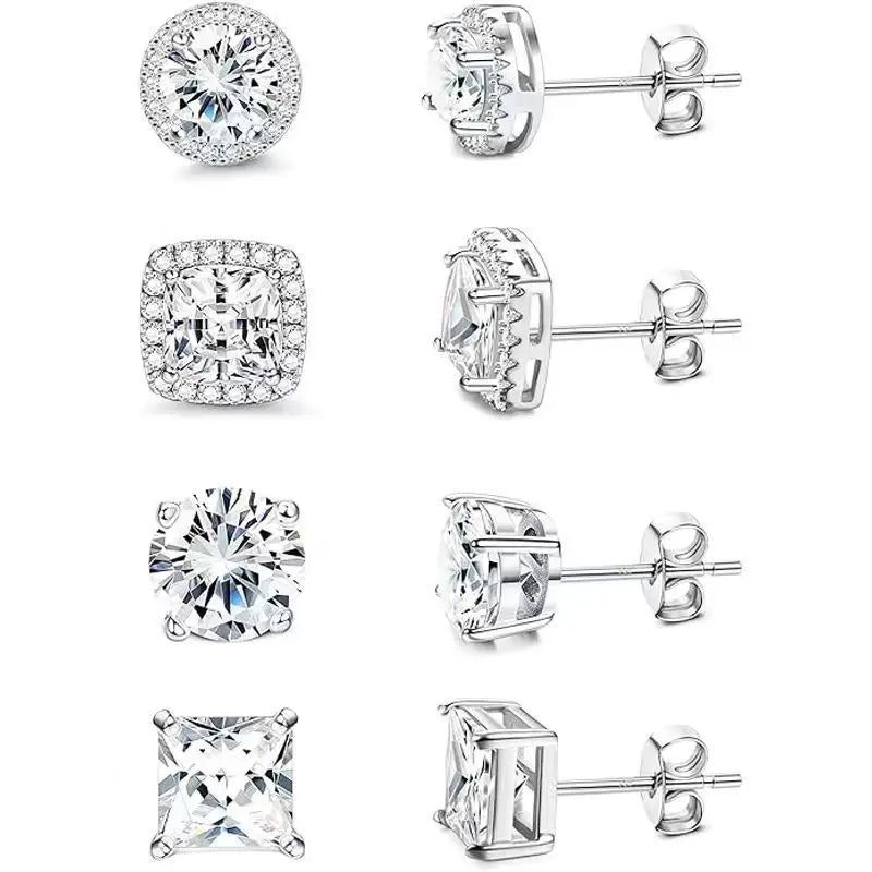 Sparkle Cubic Zirconia Stud Earrings, 4 Pairs Set, Brilliant Cut,Ddms0021 925 Silver Plated, Hypoallergenic for Women