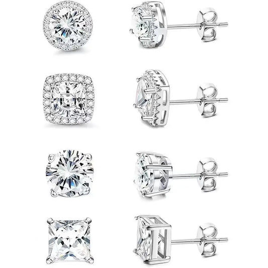 Sparkle Cubic Zirconia Stud Earrings, 4 Pairs Set, Brilliant Cut,Ddms0021 925 Silver Plated, Hypoallergenic for Women
