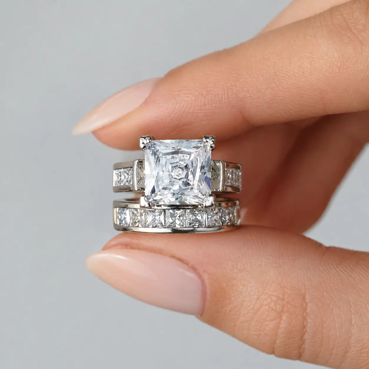 JJ CHIC Two-Piece Square Ring Set for Women Princess Cut Deluxe CZ Ring Ideal for Engagement Wedding Personal Statement Jewelry or Gift Micro Pave Cubic Zirconia Stones