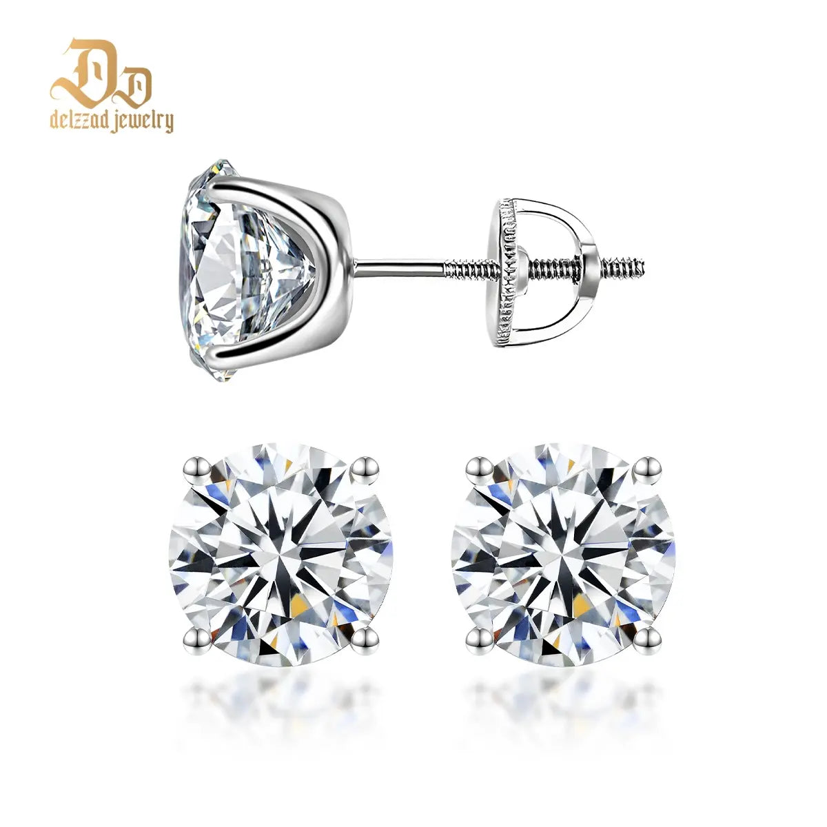 Delzzad 14K Gold-Plated Solitaire Four Prong Earrings Screw Back/Butterfly Back Lab-Created Moissanite Stud Earring S925 Sterling Silver Moissanite Jewelry Perfect Birthday Mother’S Day Christmas Gift for Men Women Wedding Set