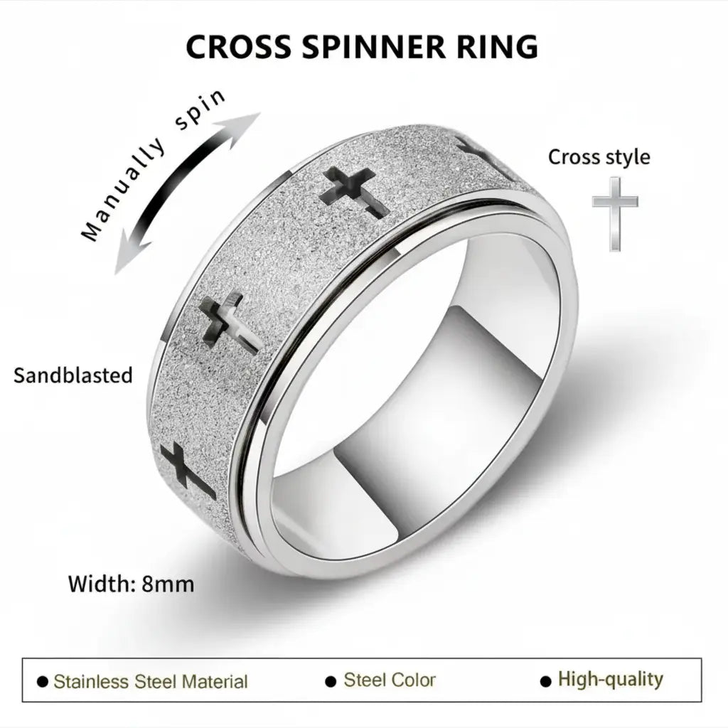Faith over Fear Cross Spinner Ring-Rotating Anxiety Relief Ring for Men & Women, Stress Relief Fidget Jewelry, Perfect Gift