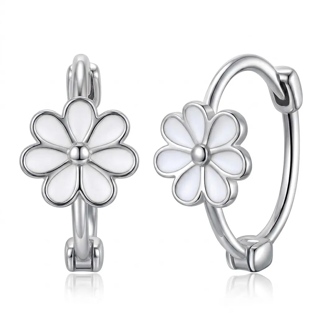 Exquisite Small Daisy Flower Hoop Earrings for Women - Genuine S925 Sterling Silver, 18K Gold Plated, Hypoallergenic White Enamel, Small Hinge Style (0.6Cm Flower, 1.2Cm Dia)