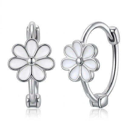 Exquisite Small Daisy Flower Hoop Earrings for Women - Genuine S925 Sterling Silver, 18K Gold Plated, Hypoallergenic White Enamel, Small Hinge Style (0.6Cm Flower, 1.2Cm Dia)