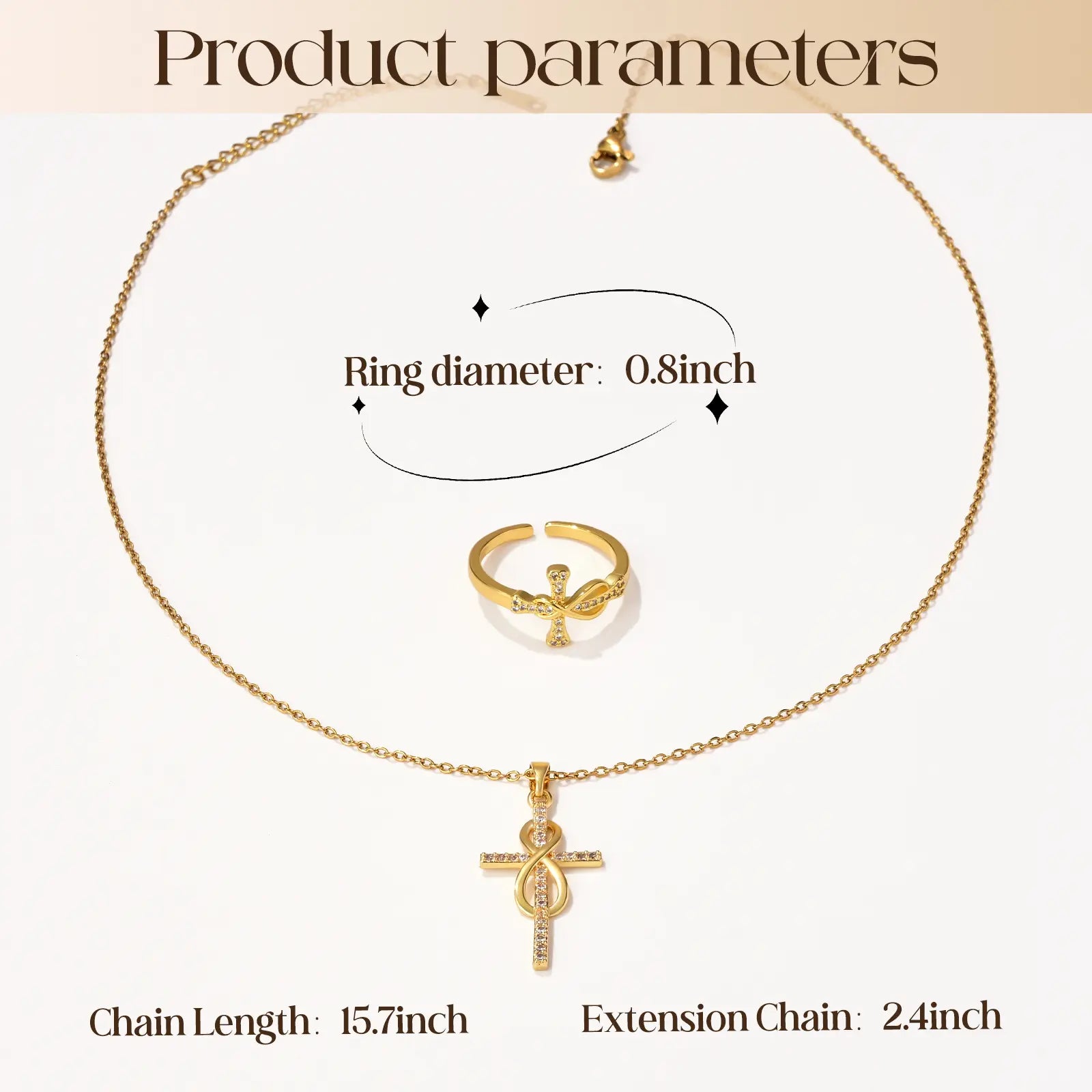 Gold-Plated Jesus Christ Cross Pendant Necklace, Cross Open-Ended Ring, Necklace & Ring Gift Set, Fashion Jewelry Accessories for Women & Men, Romantic Daily Wear Jewelry for Couples