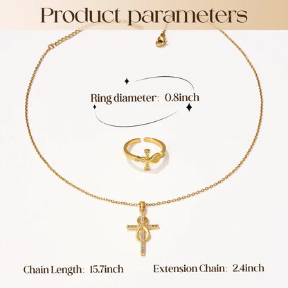 Gold-Plated Jesus Christ Cross Pendant Necklace, Cross Open-Ended Ring, Necklace & Ring Gift Set, Fashion Jewelry Accessories for Women & Men, Romantic Daily Wear Jewelry for Couples