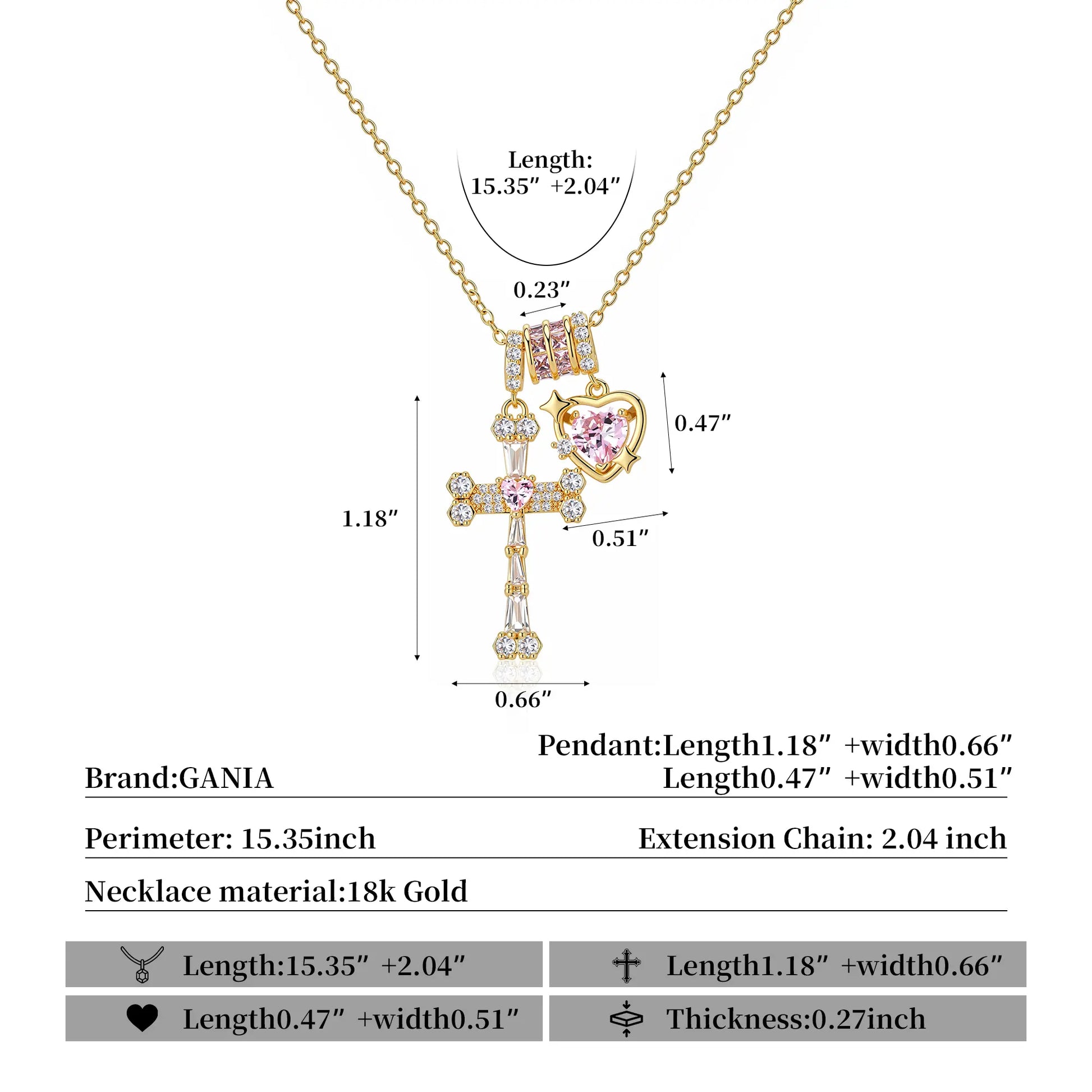 GANIA Holy Love 18K Gold Cross Engraved with Pink Heart Necklace, Christian Faith Protection Jewelry, Allergen-Resistant and Non-Dyed, Adjustable. Ideal Gift for Birthdays, Anniversaries, Mothers, Sisters, Girlfriends, and Wives