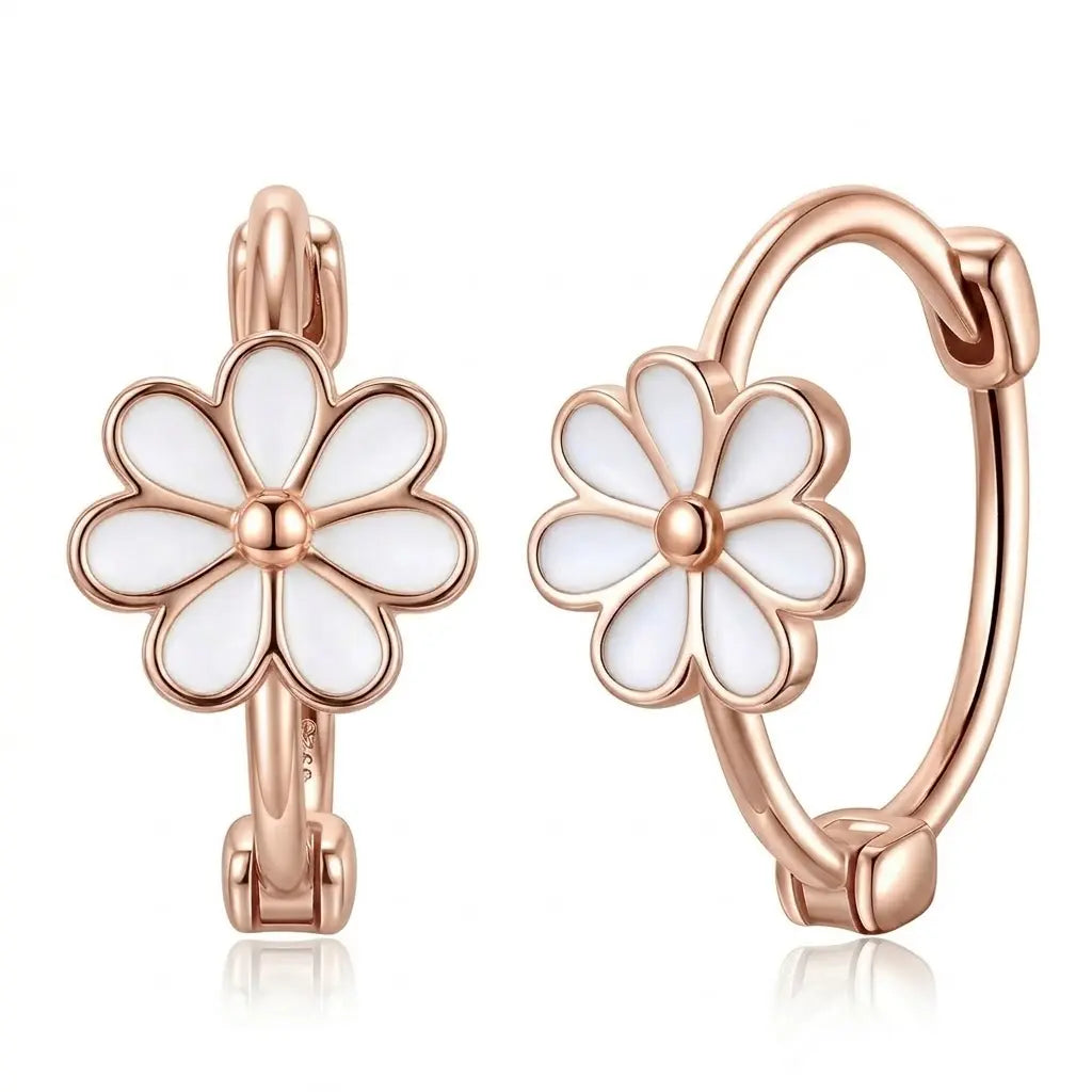 Exquisite Small Daisy Flower Hoop Earrings for Women - Genuine S925 Sterling Silver, 18K Gold Plated, Hypoallergenic White Enamel, Small Hinge Style (0.6Cm Flower, 1.2Cm Dia)