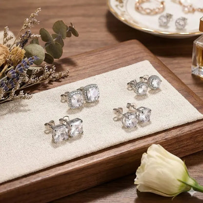 Sparkle Cubic Zirconia Stud Earrings, 4 Pairs Set, Brilliant Cut,Ddms0021 925 Silver Plated, Hypoallergenic for Women