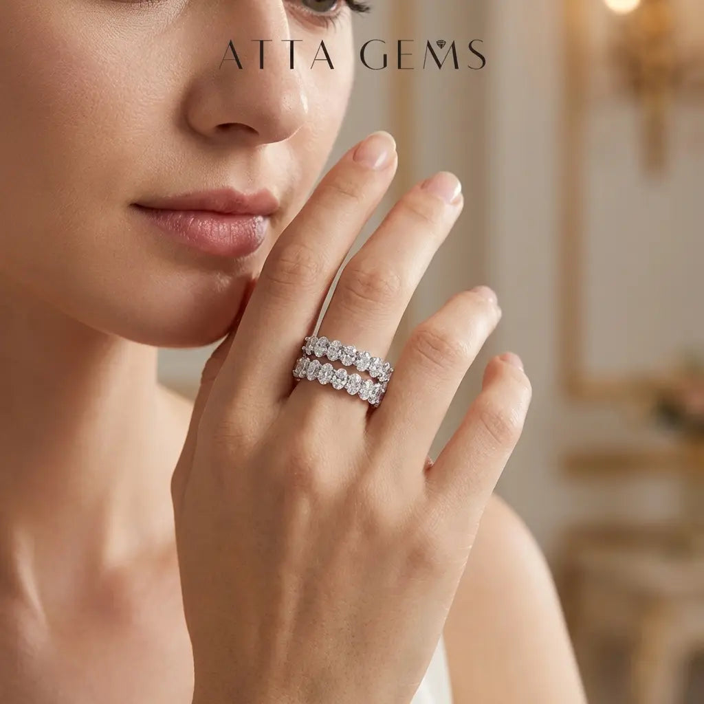 ATTAGEMS Oval Cut 1.8CT Half Eternity Band D VVS1 Synthetic Moissanite Ring for Women Copper 14K Gold Plated Wedding Matching Band Fashion Jewelry Gift RU01