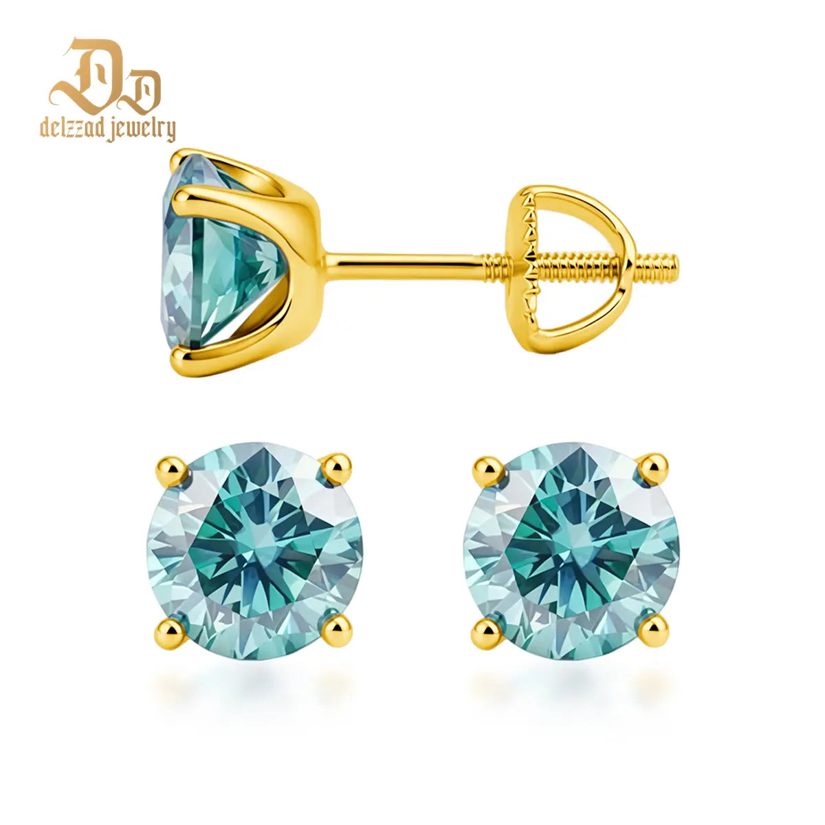 Delzzad 14K Gold-Plated Solitaire Four Prong Earrings Screw Back/Butterfly Back Lab-Created Moissanite Stud Earring S925 Sterling Silver Moissanite Jewelry Perfect Birthday Mother’S Day Christmas Gift for Men Women Wedding Set
