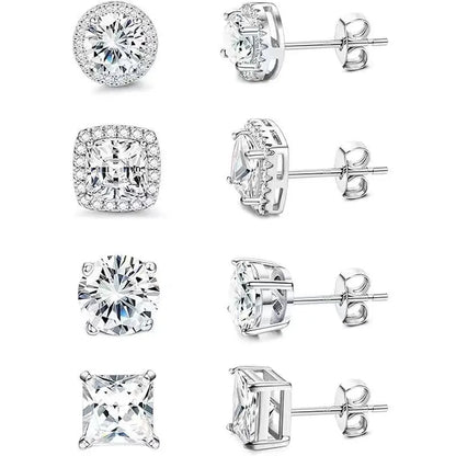 Sparkle Cubic Zirconia Stud Earrings, 4 Pairs Set, Brilliant Cut,Ddms0021 925 Silver Plated, Hypoallergenic for Women