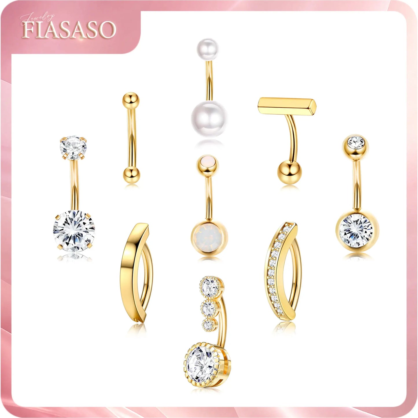 FIASASO 9-Piece Geometric Surgical Steel CZ Belly Button Rings Set - Clicker Navel Piercings, Women'S Body Jewelry Set, Accessories for Women