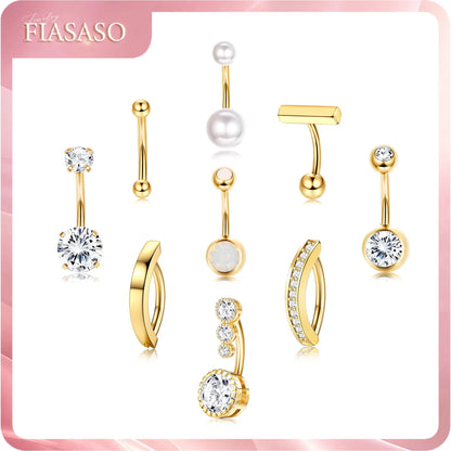 FIASASO 9-Piece Geometric Surgical Steel CZ Belly Button Rings Set - Clicker Navel Piercings, Women'S Body Jewelry Set, Accessories for Women