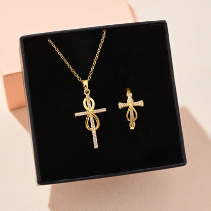 Gold-Plated Jesus Christ Cross Pendant Necklace, Cross Open-Ended Ring, Necklace & Ring Gift Set, Fashion Jewelry Accessories for Women & Men, Romantic Daily Wear Jewelry for Couples