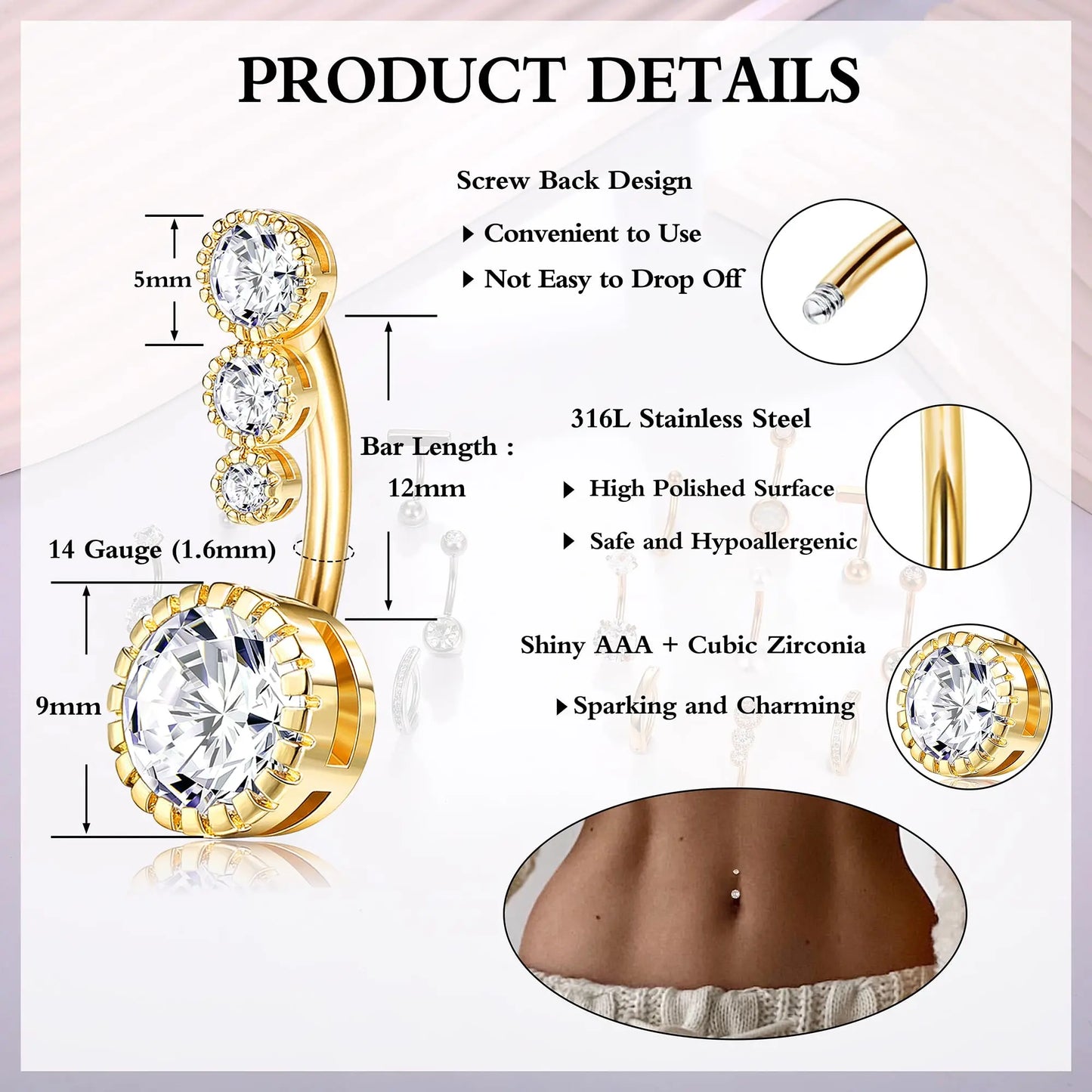 FIASASO 9-Piece Geometric Surgical Steel CZ Belly Button Rings Set - Clicker Navel Piercings, Women'S Body Jewelry Set, Accessories for Women