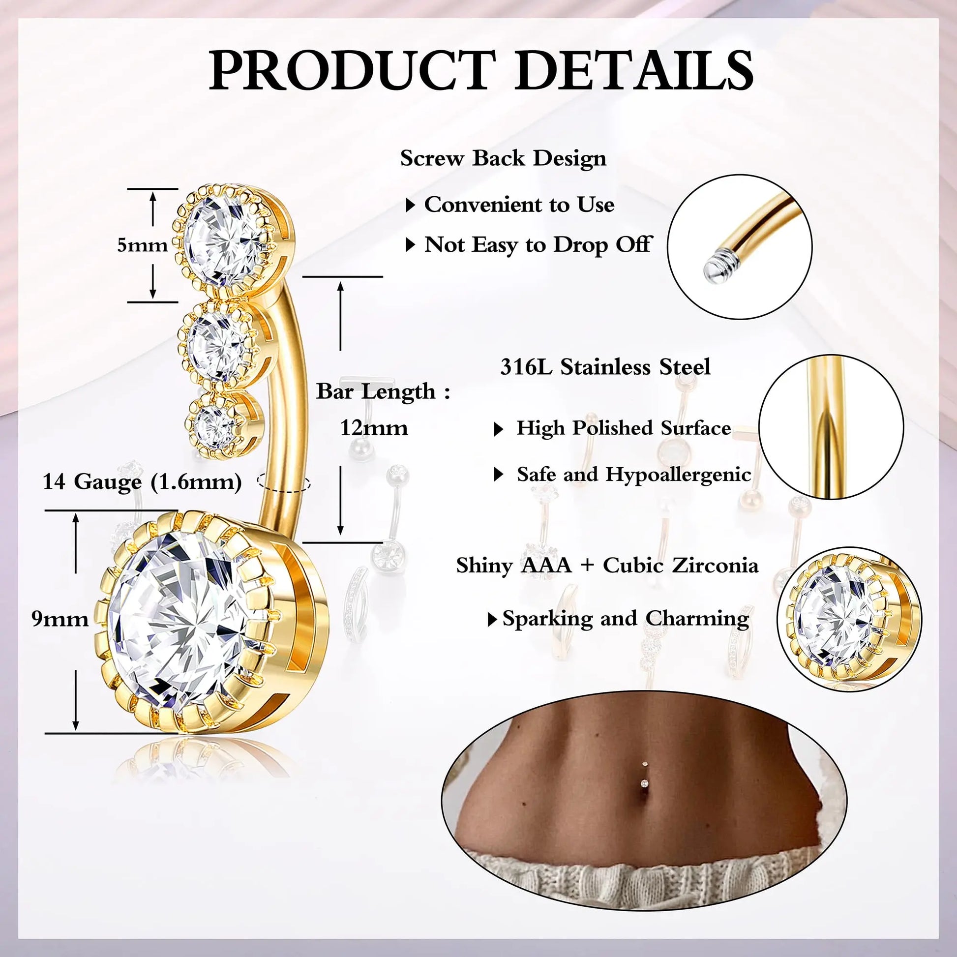 FIASASO 9-Piece Geometric Surgical Steel CZ Belly Button Rings Set - Clicker Navel Piercings, Women'S Body Jewelry Set, Accessories for Women