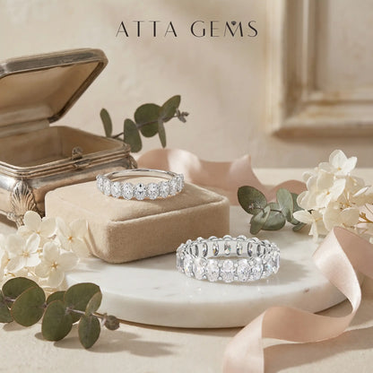 ATTAGEMS Oval Cut 1.8CT Half Eternity Band D VVS1 Synthetic Moissanite Ring for Women Copper 14K Gold Plated Wedding Matching Band Fashion Jewelry Gift RU01