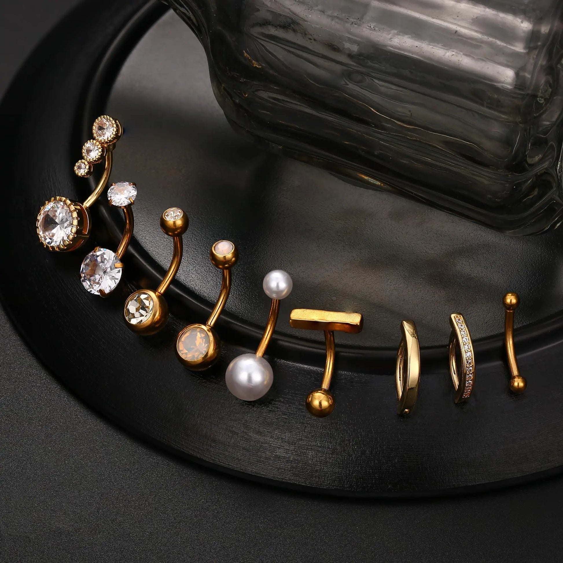 FIASASO 9-Piece Geometric Surgical Steel CZ Belly Button Rings Set - Clicker Navel Piercings, Women'S Body Jewelry Set, Accessories for Women
