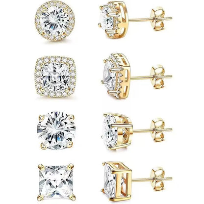 Sparkle Cubic Zirconia Stud Earrings, 4 Pairs Set, Brilliant Cut,Ddms0021 925 Silver Plated, Hypoallergenic for Women