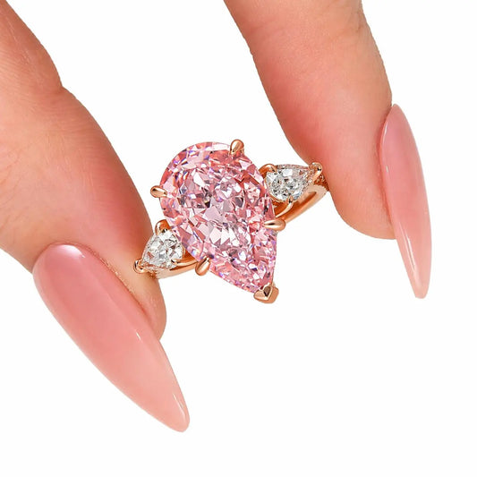 Maxine 14K White Gold Plated 8.0Ct Pear Cut Pink/Clear Engagement Ring, Three Stone Bridal Ring, Travel-Friendly Jewelry, Women'S Ring Jewelry,Wedding Ring for Daily,Proposal,Birthday,Anniversary
