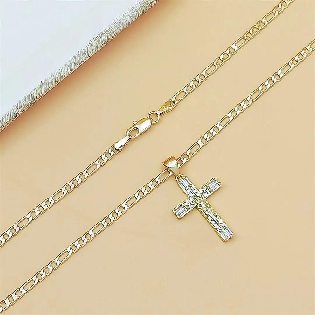 14K Gold Plated Jesus Crucifix Pendant Necklace, 23.62 Inch Copper Figaro Chain (60Cm), Cubic Zirconia Inlaid Cross Necklace for Men Women Catholic Religious Jewelry