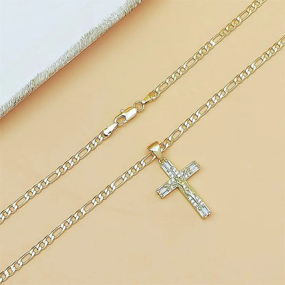 14K Gold Plated Jesus Crucifix Pendant Necklace, 23.62 Inch Copper Figaro Chain (60Cm), Cubic Zirconia Inlaid Cross Necklace for Men Women Catholic Religious Jewelry