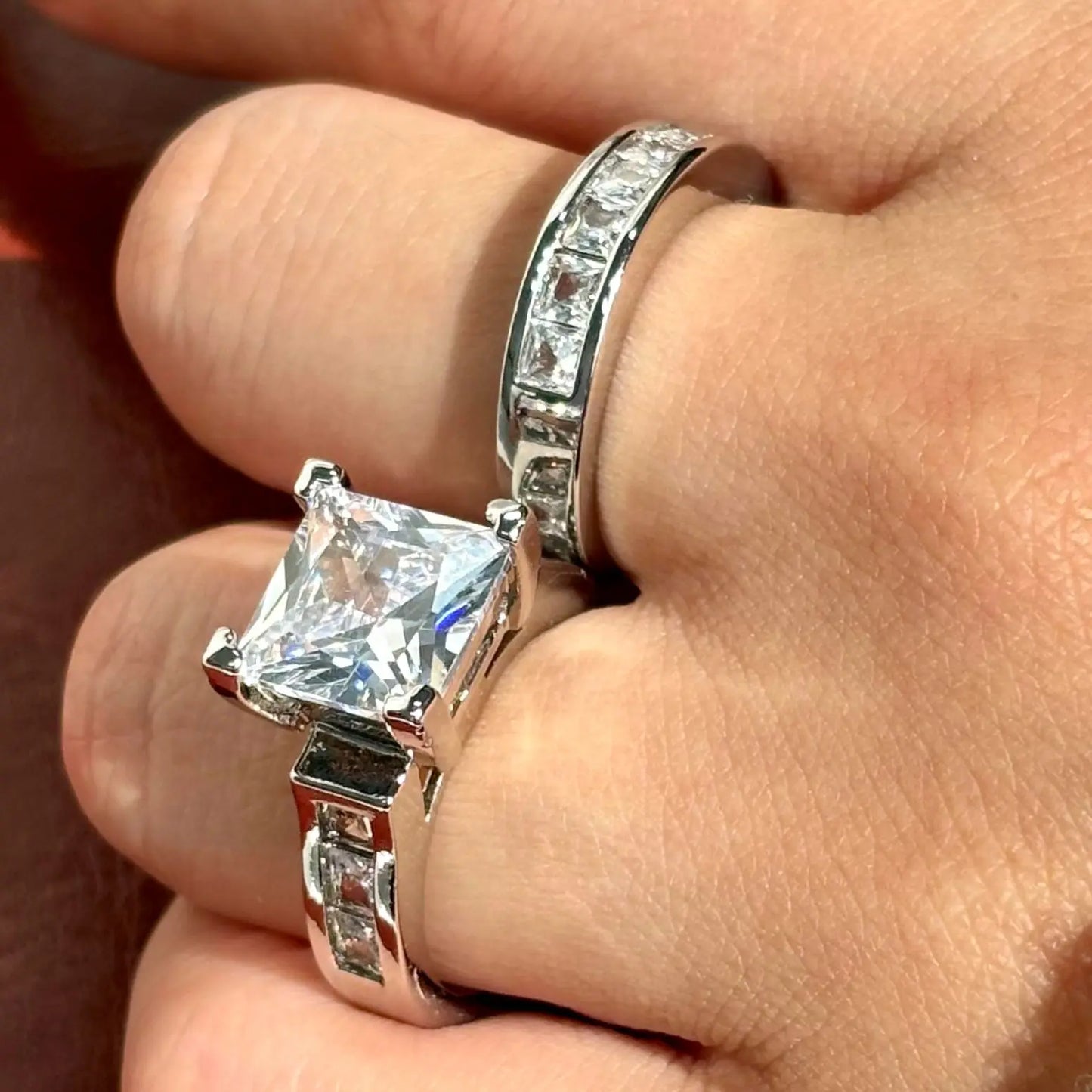 JJ CHIC Two-Piece Square Ring Set for Women Princess Cut Deluxe CZ Ring Ideal for Engagement Wedding Personal Statement Jewelry or Gift Micro Pave Cubic Zirconia Stones