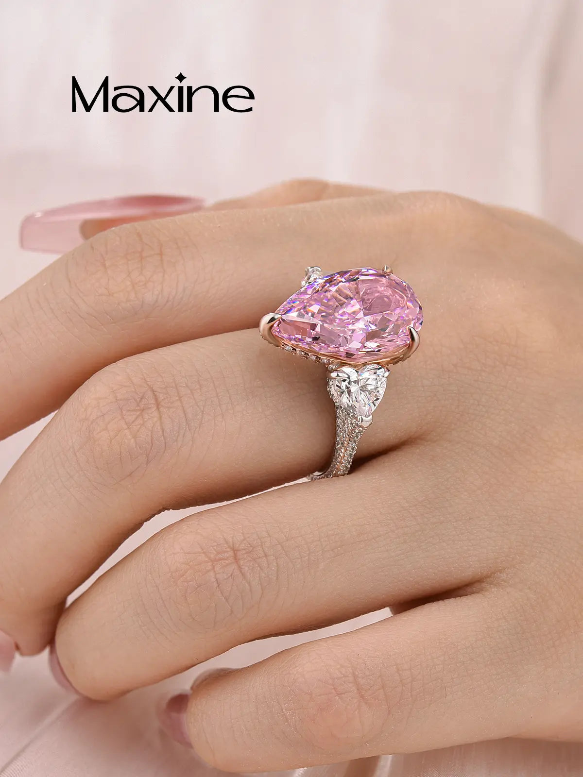 Maxine 14K White Gold Plated 8.0Ct Pear Cut Pink/Clear Engagement Ring, Three Stone Bridal Ring, Travel-Friendly Jewelry, Women'S Ring Jewelry,Wedding Ring for Daily,Proposal,Birthday,Anniversary