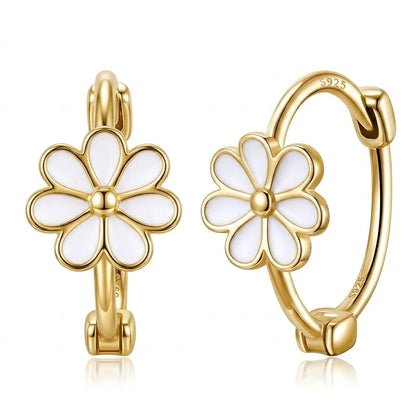 Exquisite Small Daisy Flower Hoop Earrings for Women - Genuine S925 Sterling Silver, 18K Gold Plated, Hypoallergenic White Enamel, Small Hinge Style (0.6Cm Flower, 1.2Cm Dia)
