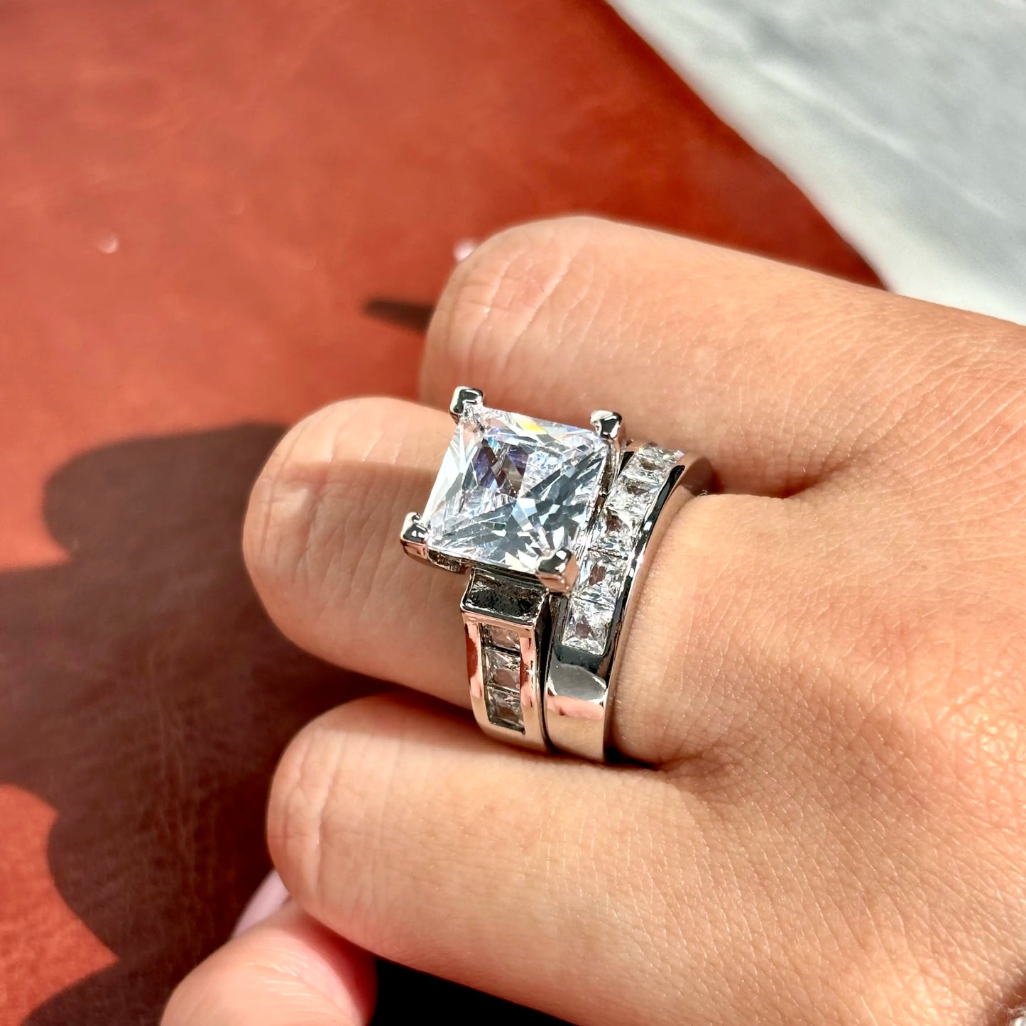 JJ CHIC Two-Piece Square Ring Set for Women Princess Cut Deluxe CZ Ring Ideal for Engagement Wedding Personal Statement Jewelry or Gift Micro Pave Cubic Zirconia Stones