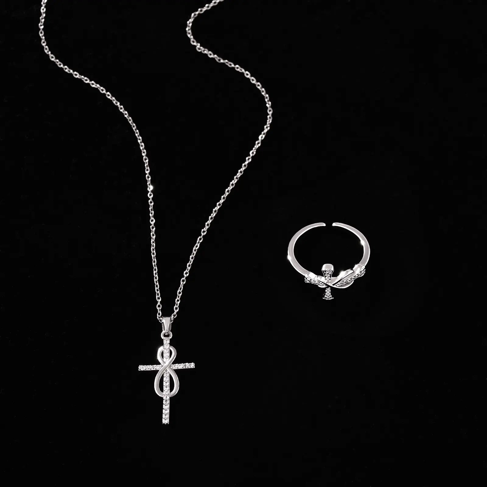 Gold-Plated Jesus Christ Cross Pendant Necklace, Cross Open-Ended Ring, Necklace & Ring Gift Set, Fashion Jewelry Accessories for Women & Men, Romantic Daily Wear Jewelry for Couples