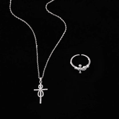 Gold-Plated Jesus Christ Cross Pendant Necklace, Cross Open-Ended Ring, Necklace & Ring Gift Set, Fashion Jewelry Accessories for Women & Men, Romantic Daily Wear Jewelry for Couples