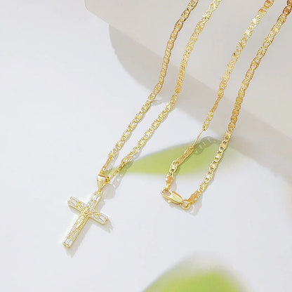 14K Gold Plated Jesus Crucifix Pendant Necklace, 23.62 Inch Copper Figaro Chain (60Cm), Cubic Zirconia Inlaid Cross Necklace for Men Women Catholic Religious Jewelry