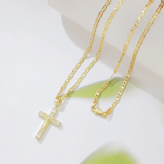 14K Gold Plated Jesus Crucifix Pendant Necklace, 23.62 Inch Copper Figaro Chain (60Cm), Cubic Zirconia Inlaid Cross Necklace for Men Women Catholic Religious Jewelry