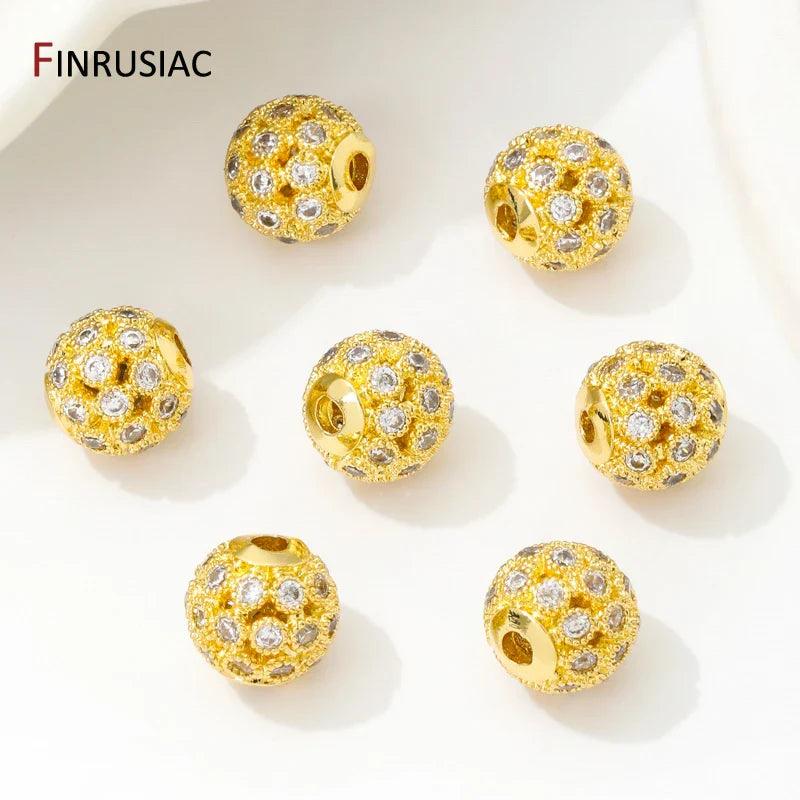 18K Gold Plated Hollow Round Beads with Zircon, 8mm for DIY Jewelry - Jewelry 4 you