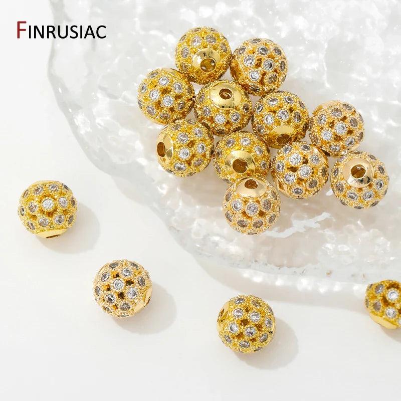 18K Gold Plated Hollow Round Beads with Zircon, 8mm for DIY Jewelry - Jewelry 4 you